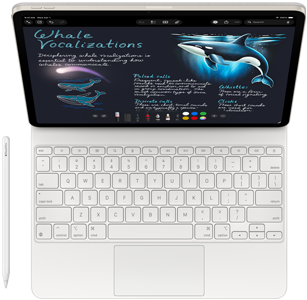 iPad Air displaying handwritten notes and drawings in Notes app, paired with Magic Keyboard and Apple Pencil Pro